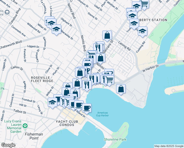map of restaurants, bars, coffee shops, grocery stores, and more near 2931 Jarvis Street in San Diego