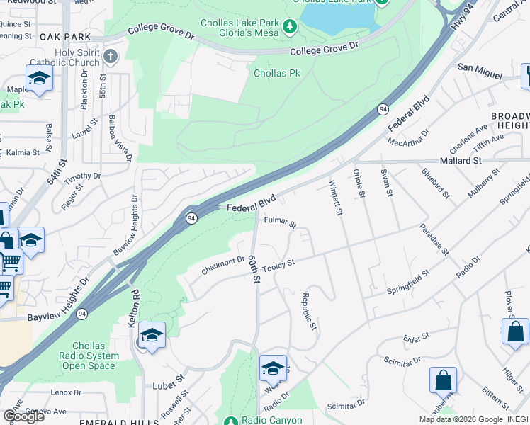 map of restaurants, bars, coffee shops, grocery stores, and more near 6015 Federal Boulevard in San Diego