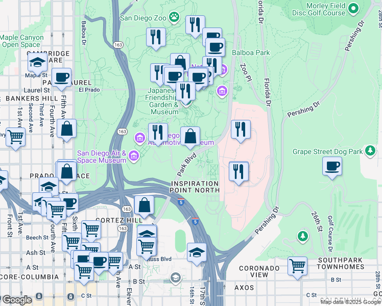 map of restaurants, bars, coffee shops, grocery stores, and more near 2100 Park Boulevard in San Diego