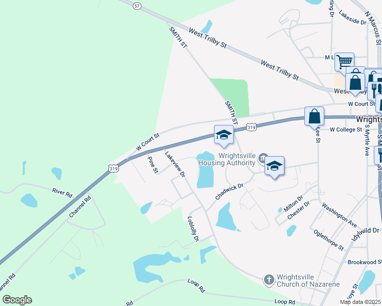 map of restaurants, bars, coffee shops, grocery stores, and more near 107 Shawn Drive in Wrightsville
