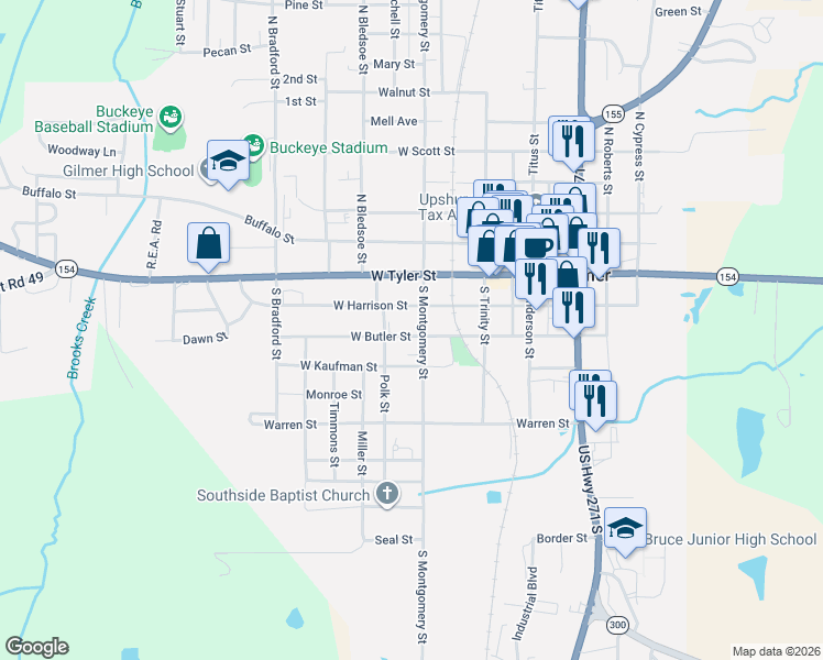 map of restaurants, bars, coffee shops, grocery stores, and more near 219 South Montgomery Street in Gilmer