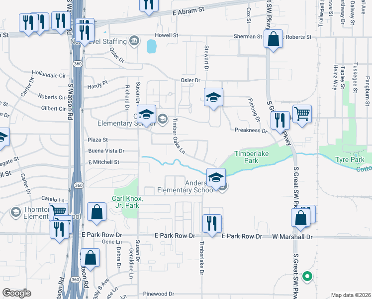 map of restaurants, bars, coffee shops, grocery stores, and more near 901 Timber Oaks Lane in Arlington