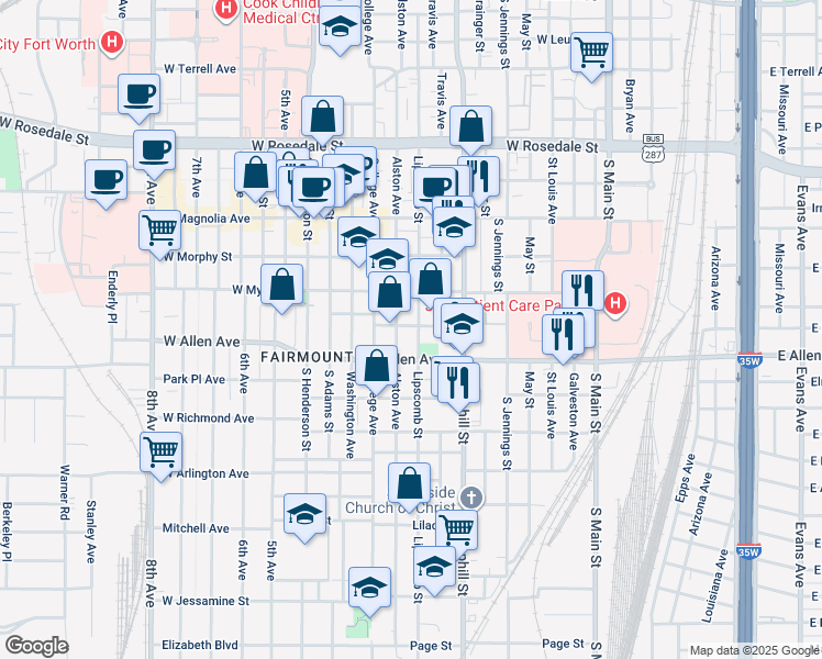 map of restaurants, bars, coffee shops, grocery stores, and more near 1600 Lipscomb Street in Fort Worth
