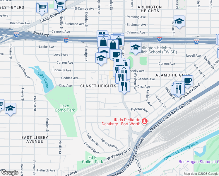 map of restaurants, bars, coffee shops, grocery stores, and more near 4703 Diaz Avenue in Fort Worth