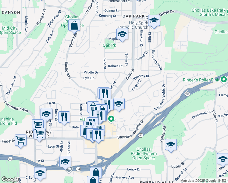 map of restaurants, bars, coffee shops, grocery stores, and more near 2052 54th Frontage Street in San Diego