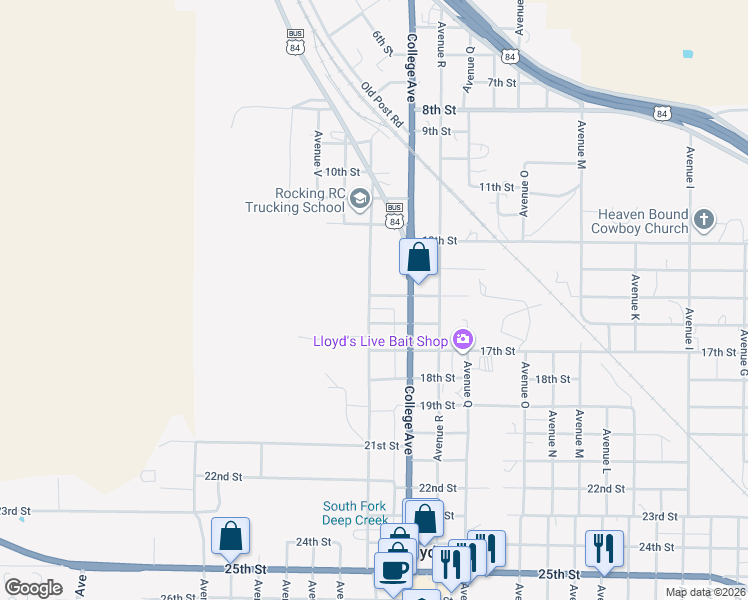 map of restaurants, bars, coffee shops, grocery stores, and more near 1500 Avenue T in Snyder