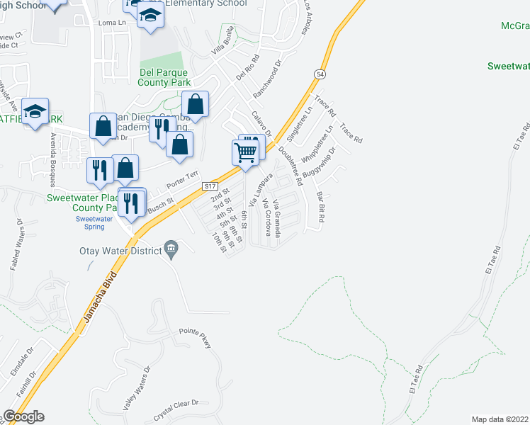 map of restaurants, bars, coffee shops, grocery stores, and more near 212 Via Cordova in Spring Valley