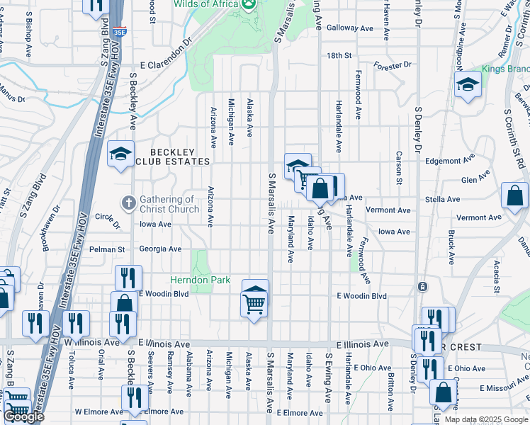 map of restaurants, bars, coffee shops, grocery stores, and more near 1719 South Marsalis Avenue in Dallas