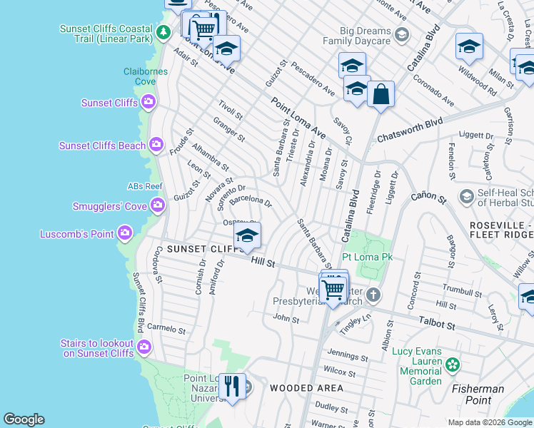 map of restaurants, bars, coffee shops, grocery stores, and more near 1179 Barcelona Drive in San Diego