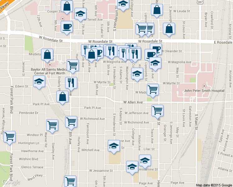 map of restaurants, bars, coffee shops, grocery stores, and more near 1621 South Henderson Street in Fort Worth