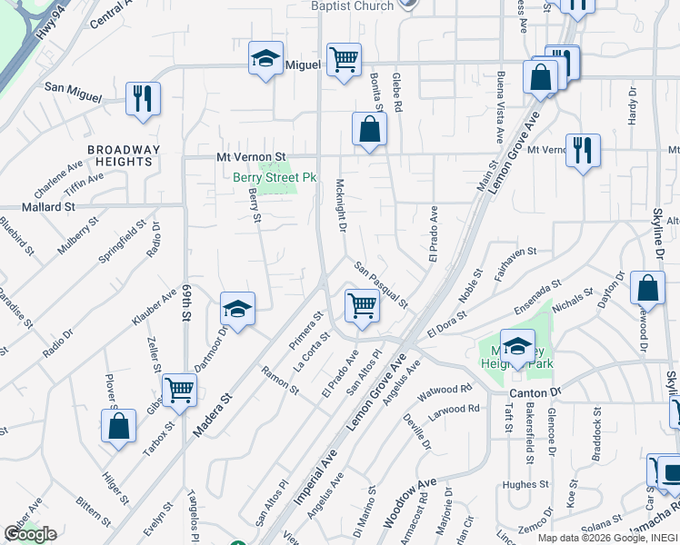 map of restaurants, bars, coffee shops, grocery stores, and more near 2025 Madera Street in Lemon Grove