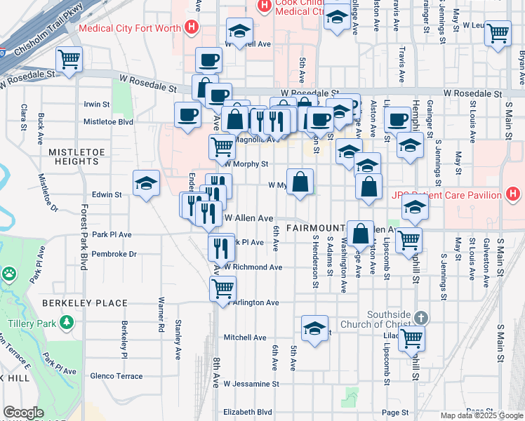 map of restaurants, bars, coffee shops, grocery stores, and more near 1625 Fairmount Avenue in Fort Worth