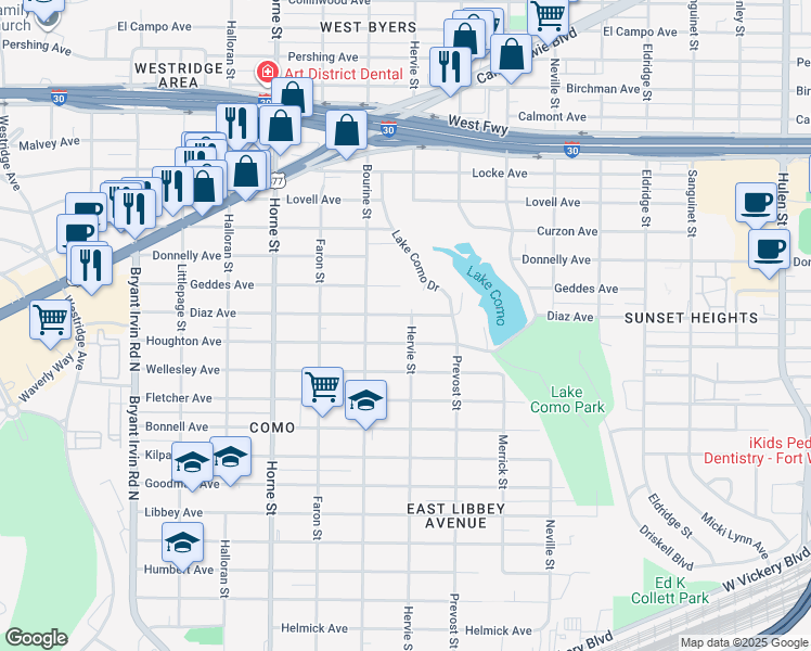 map of restaurants, bars, coffee shops, grocery stores, and more near 5335 Diaz Avenue in Fort Worth
