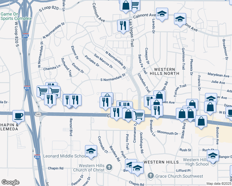 map of restaurants, bars, coffee shops, grocery stores, and more near 3205 Hunter Park Circle in Fort Worth