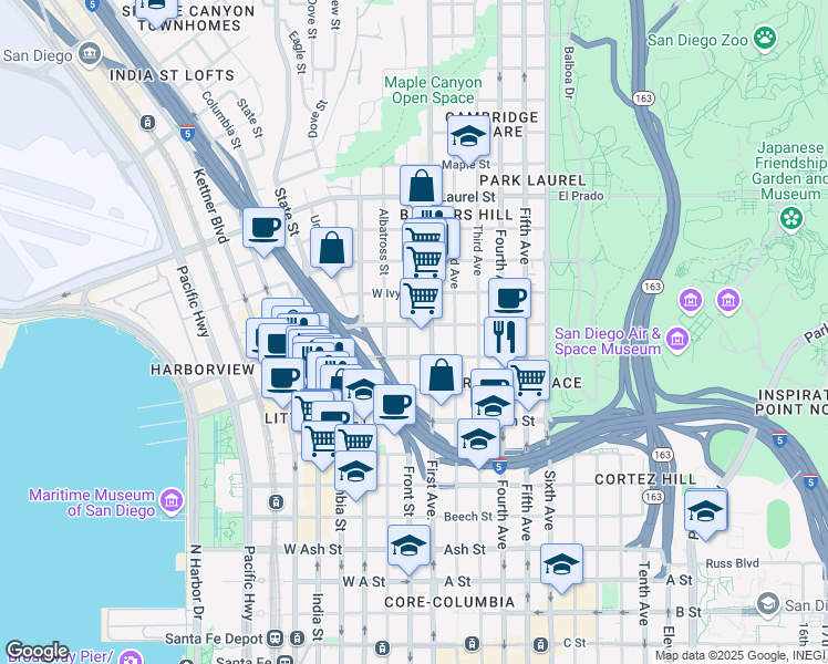 map of restaurants, bars, coffee shops, grocery stores, and more near 2067 Front Street in San Diego
