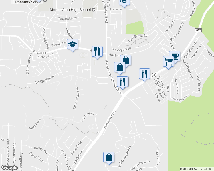 map of restaurants, bars, coffee shops, grocery stores, and more near 10163 Tres Lagos Court in Spring Valley