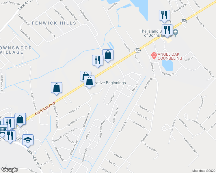 map of restaurants, bars, coffee shops, grocery stores, and more near 5036 Coral Reef Drive in Johns Island