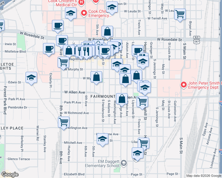 map of restaurants, bars, coffee shops, grocery stores, and more near 1615 S Adams St in Fort Worth