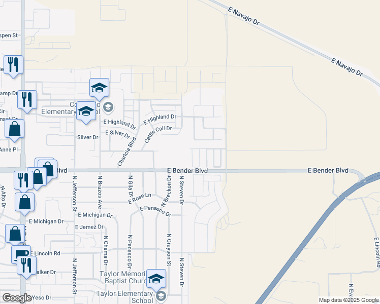 map of restaurants, bars, coffee shops, grocery stores, and more near 2327 North Mimosa Lane in Hobbs