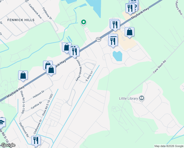 map of restaurants, bars, coffee shops, grocery stores, and more near 4057 East Amy Lane in Johns Island