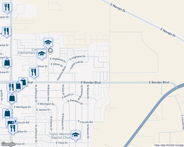 map of restaurants, bars, coffee shops, grocery stores, and more near 2331 North Mimosa Lane in Hobbs