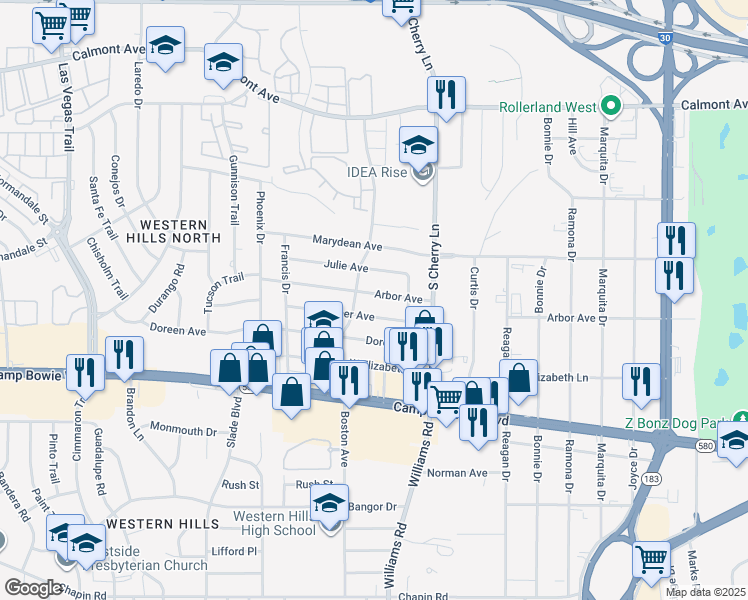 map of restaurants, bars, coffee shops, grocery stores, and more near 8025 Arbor Ave in Fort Worth
