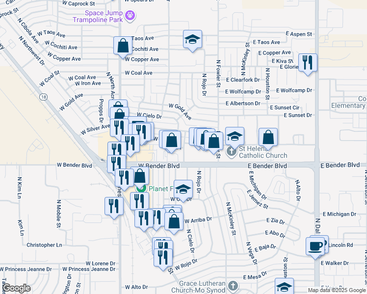 map of restaurants, bars, coffee shops, grocery stores, and more near 304 West Saint Anne Place in Hobbs