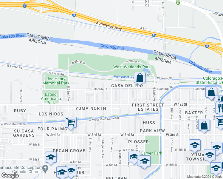 map of restaurants, bars, coffee shops, grocery stores, and more near 1651-1699 Colorado Street in Yuma
