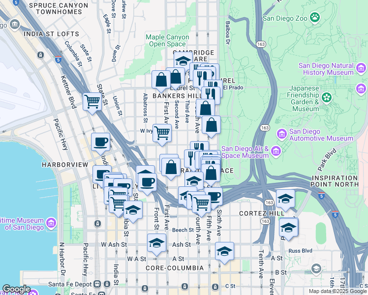map of restaurants, bars, coffee shops, grocery stores, and more near 2072 Third Avenue in San Diego