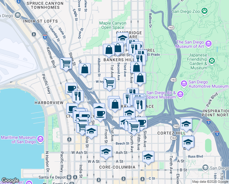 map of restaurants, bars, coffee shops, grocery stores, and more near 117 Hawthorn Street in San Diego