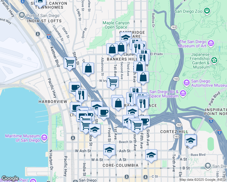 map of restaurants, bars, coffee shops, grocery stores, and more near in San Diego