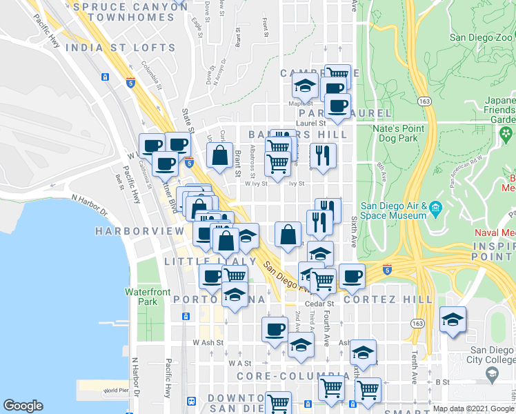 map of restaurants, bars, coffee shops, grocery stores, and more near in San Diego