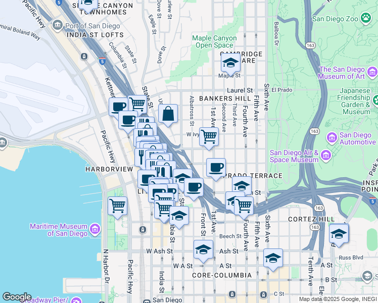 map of restaurants, bars, coffee shops, grocery stores, and more near 338 West Hawthorn Street in San Diego