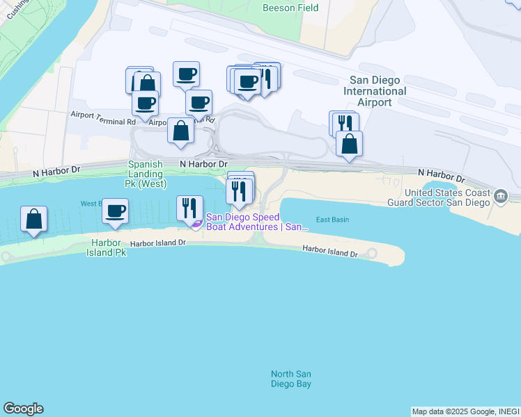 map of restaurants, bars, coffee shops, grocery stores, and more near 138 Harbor Island Drive in San Diego