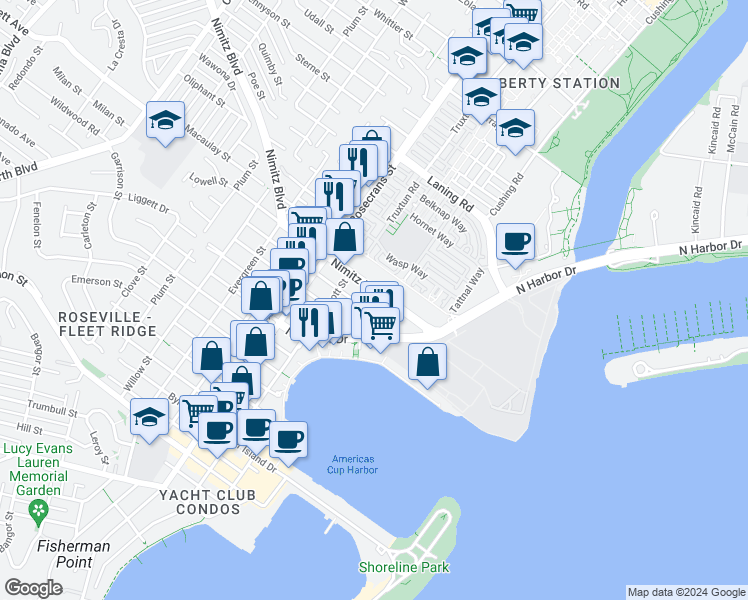 map of restaurants, bars, coffee shops, grocery stores, and more near 2777 Nimitz Boulevard in San Diego