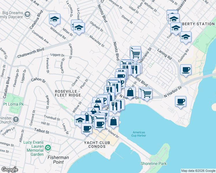 map of restaurants, bars, coffee shops, grocery stores, and more near 3131 Hugo Street in San Diego
