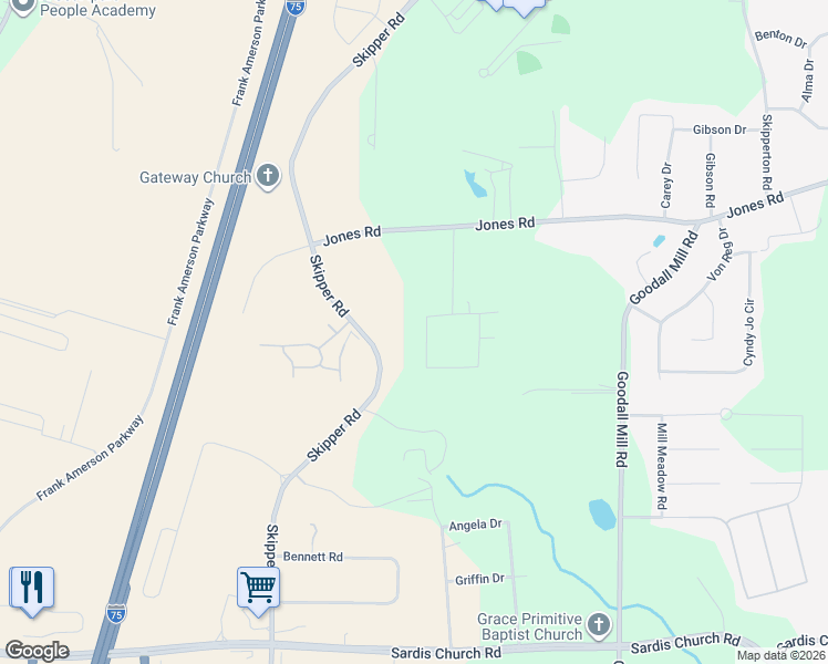 map of restaurants, bars, coffee shops, grocery stores, and more near 6611 Perkins Circle in Macon