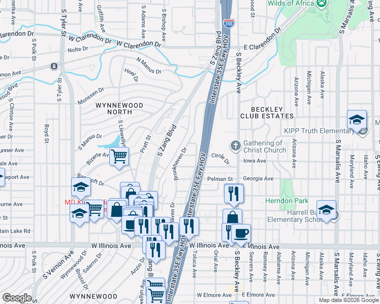 map of restaurants, bars, coffee shops, grocery stores, and more near 301 Circle Drive in Dallas