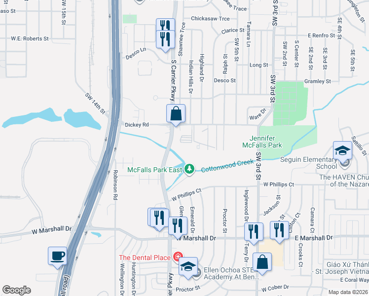 map of restaurants, bars, coffee shops, grocery stores, and more near 1217 S Carrier Pkwy in Irving