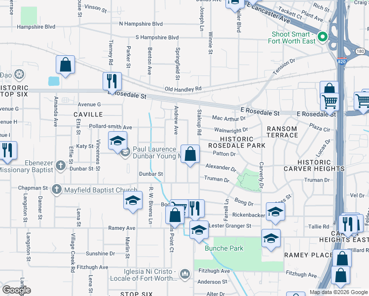 map of restaurants, bars, coffee shops, grocery stores, and more near 1741 Andrew Avenue in Fort Worth