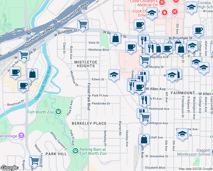map of restaurants, bars, coffee shops, grocery stores, and more near 1601-1699 Berkeley Place in Fort Worth