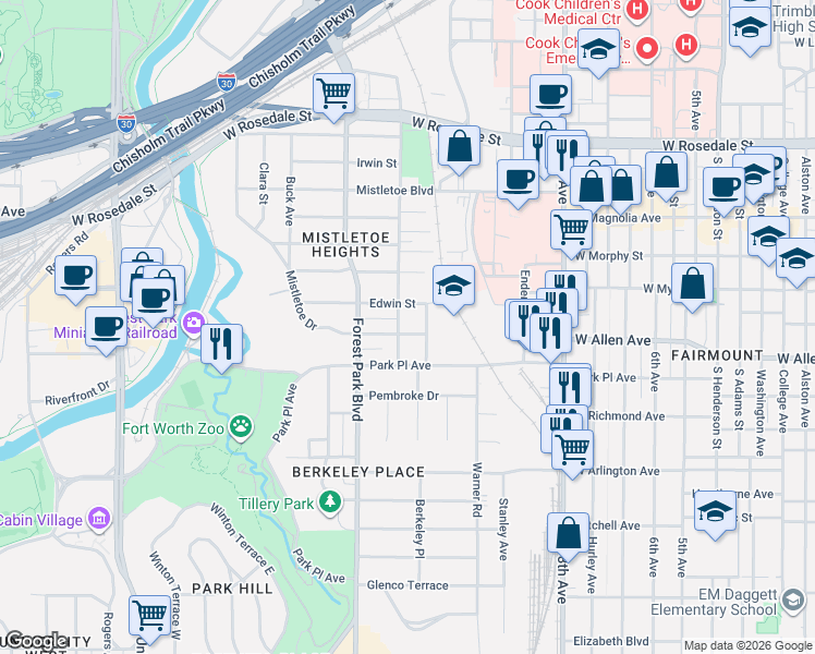 map of restaurants, bars, coffee shops, grocery stores, and more near 2124 Weatherbee Street in Fort Worth