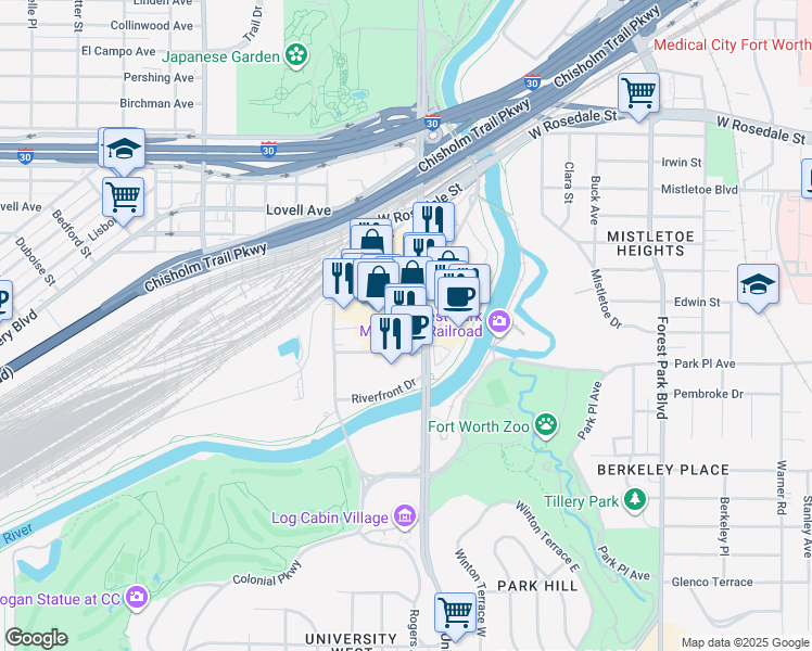 map of restaurants, bars, coffee shops, grocery stores, and more near 1660 South University Drive in Fort Worth