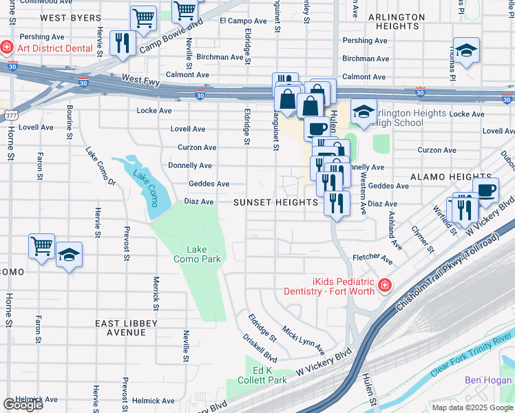 map of restaurants, bars, coffee shops, grocery stores, and more near 4809 Diaz Avenue in Fort Worth