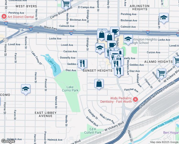 map of restaurants, bars, coffee shops, grocery stores, and more near 4901 Diaz Avenue in Fort Worth