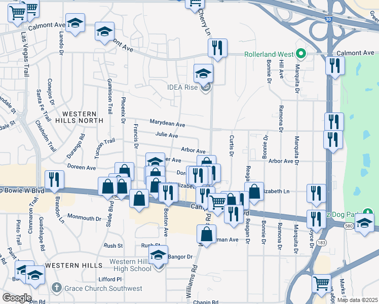 map of restaurants, bars, coffee shops, grocery stores, and more near 8001 Arbor Avenue in Fort Worth