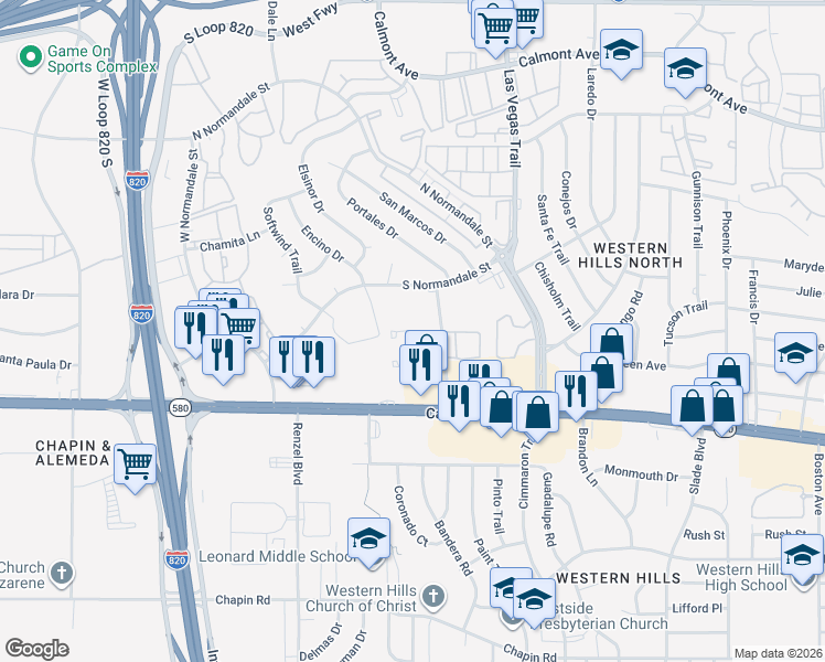 map of restaurants, bars, coffee shops, grocery stores, and more near 8803 Avril Court North in Fort Worth