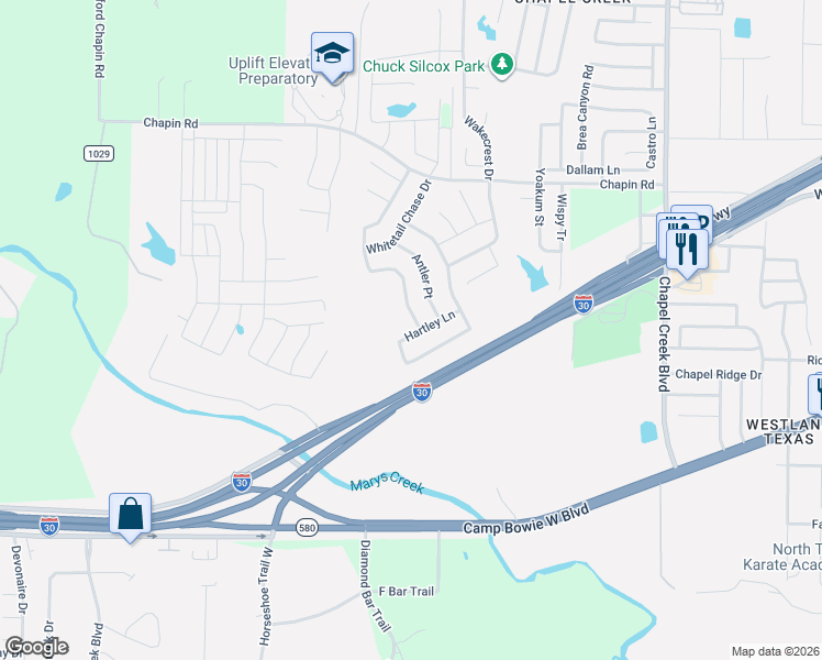 map of restaurants, bars, coffee shops, grocery stores, and more near 10600 Hartley Lane in Fort Worth