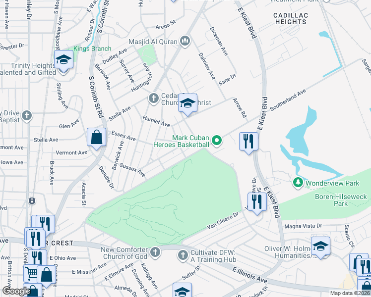 map of restaurants, bars, coffee shops, grocery stores, and more near 1654 Kent Street in Dallas