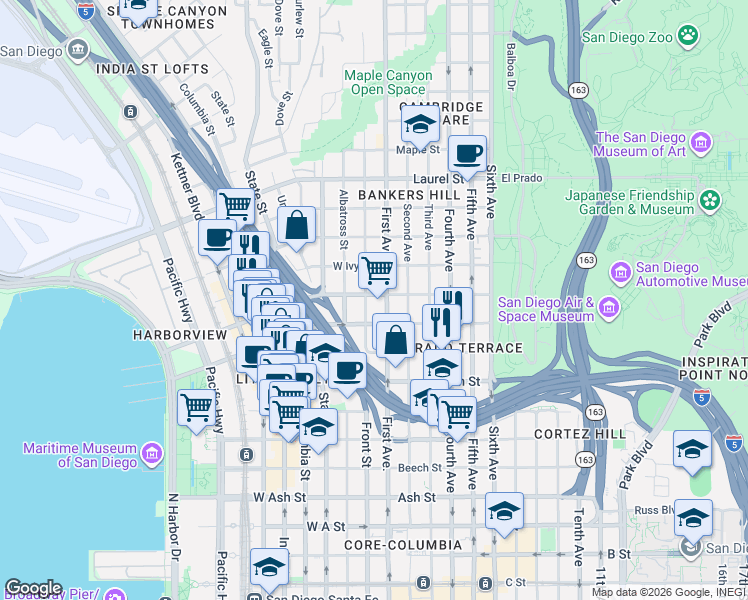 map of restaurants, bars, coffee shops, grocery stores, and more near in San Diego